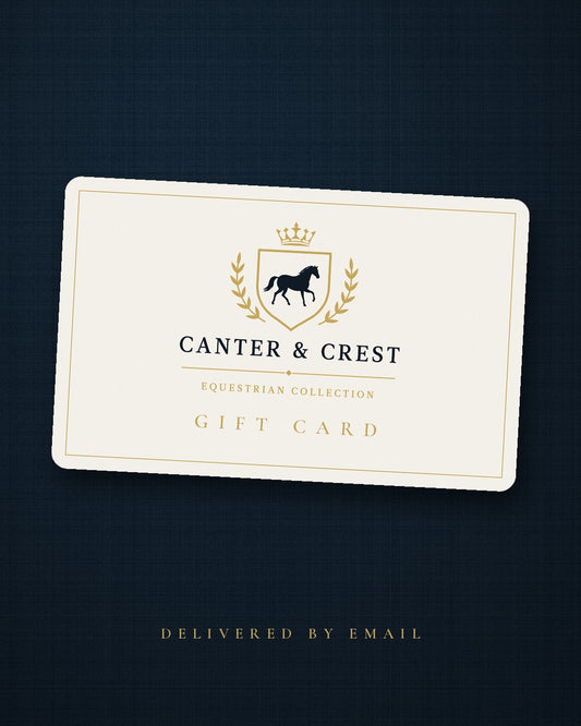 Canter & Crest Gift Card: an ivory card bearing the Canter & Crest mark in navy and gold, on navy linen. Delivered by email.