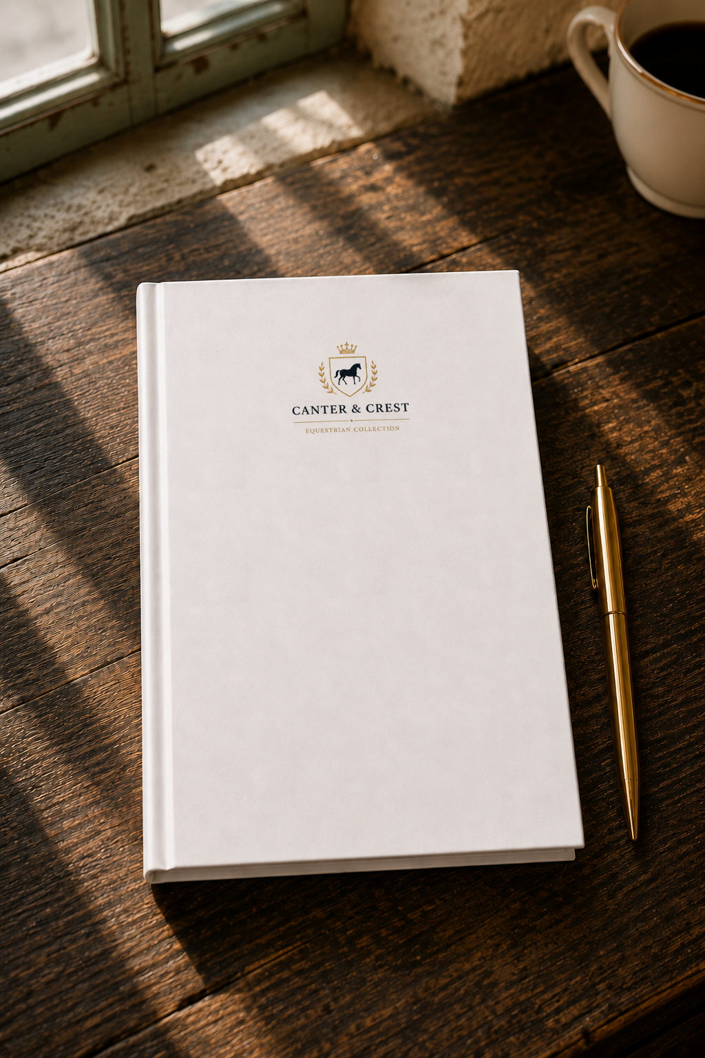 White hardcover journal with the Canter & Crest crest on the cover, on a wooden desk beside a gold pen and coffee cup
