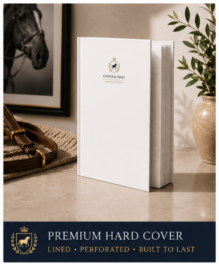 Heritage Crest Hardcover Journal standing on a shelf beside a framed horse portrait, with the words Premium Hard Cover: lined, perforated, built to last.