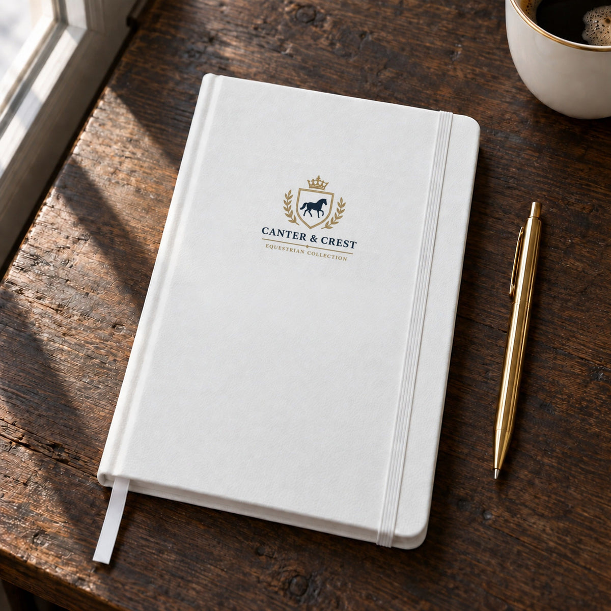 White hardcover notebook with the Canter & Crest crest in navy and gold, on a wooden table with a gold pen