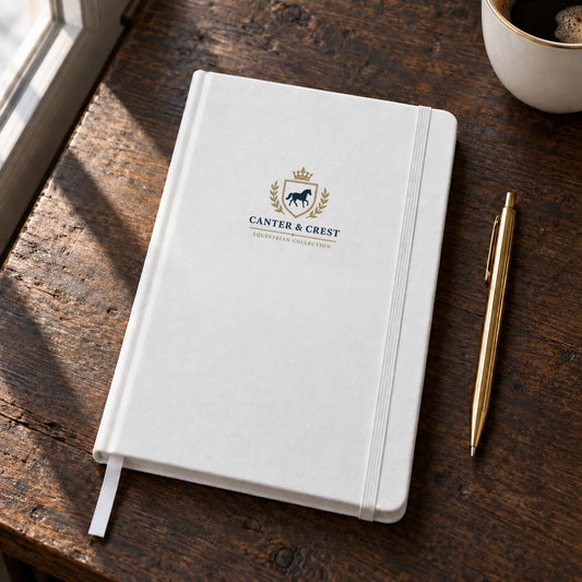 White hardcover notebook with the Canter & Crest crest in navy and gold, on a wooden table with a gold pen