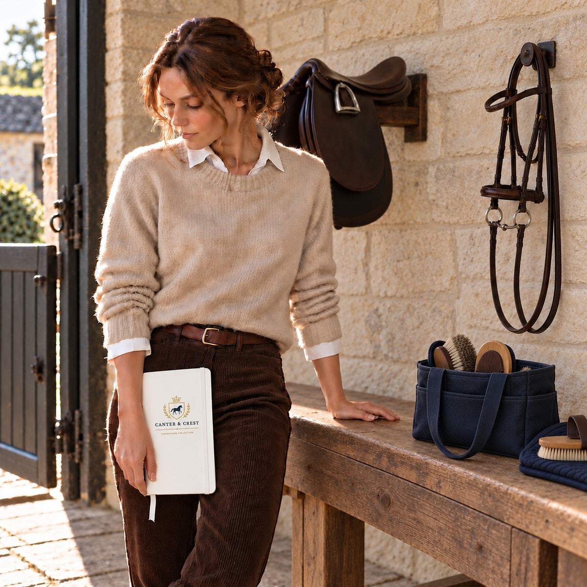 A rider holding the Heritage Crest Hardcover Notebook in a stone tack room, with a saddle and bridle on the wall behind her.