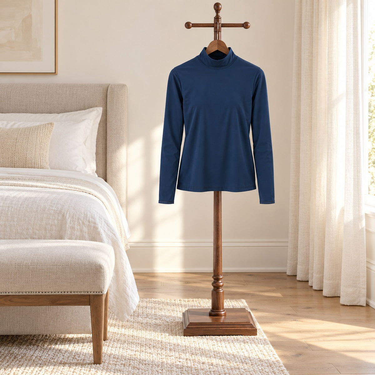 Blue long sleeve mock turtleneck hanging on a wooden valet stand in a bedroom with an upholstered bench