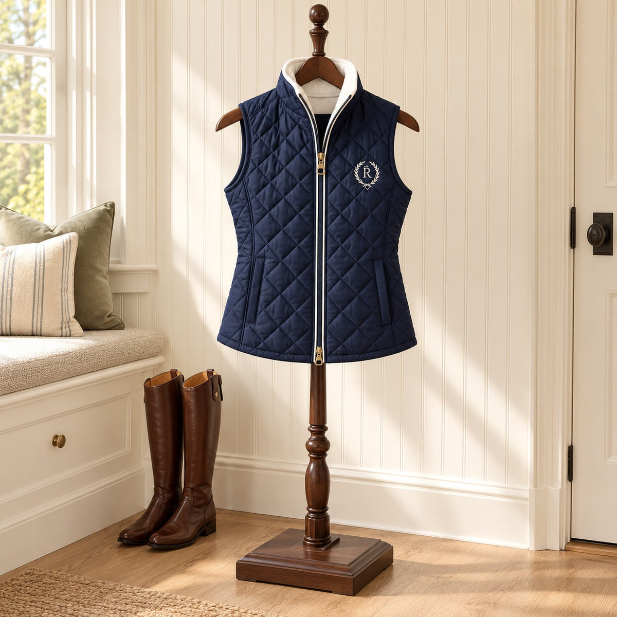 Navy quilted barn vest with white zip trim and an embroidered crest, on a wooden valet stand in a mudroom