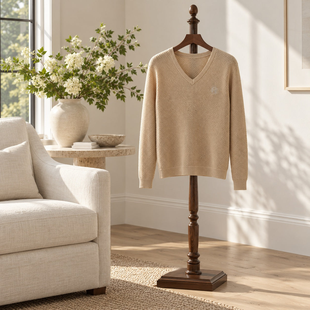 Camel V-neck knit pullover with a small crest on the chest, hung on a wooden valet stand in a sitting room