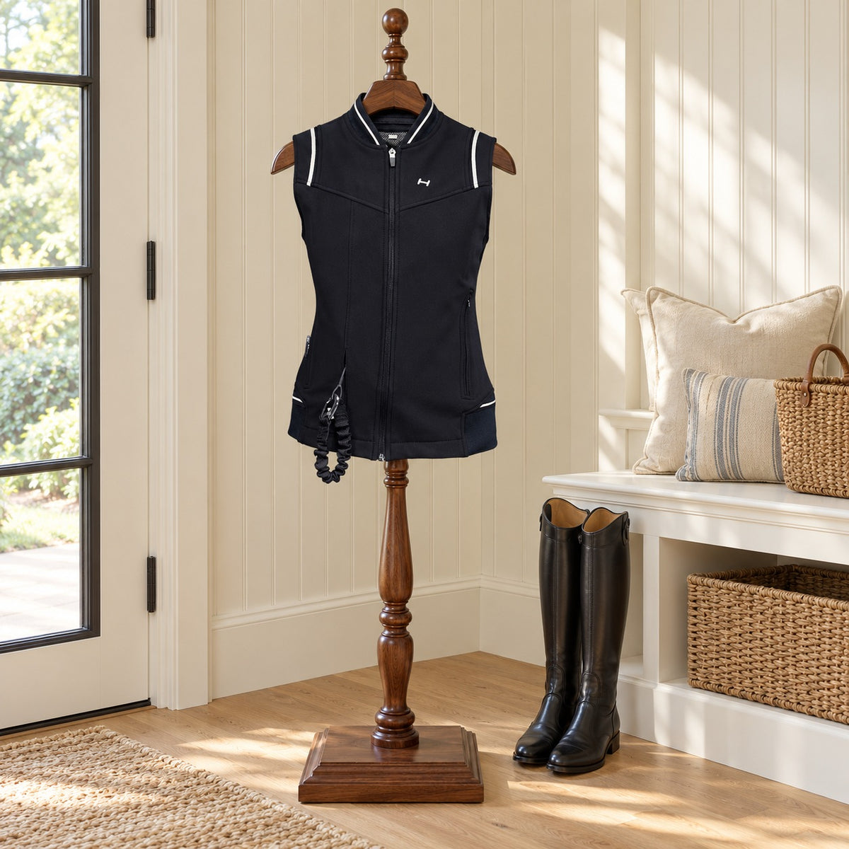 Prestige Riding Vest in black on a wooden valet stand in a mudroom