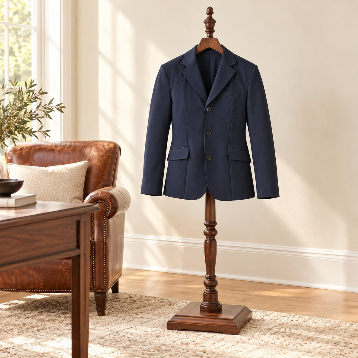 Men's PowerFlex Light Show Coat in navy on a wooden valet stand in a study