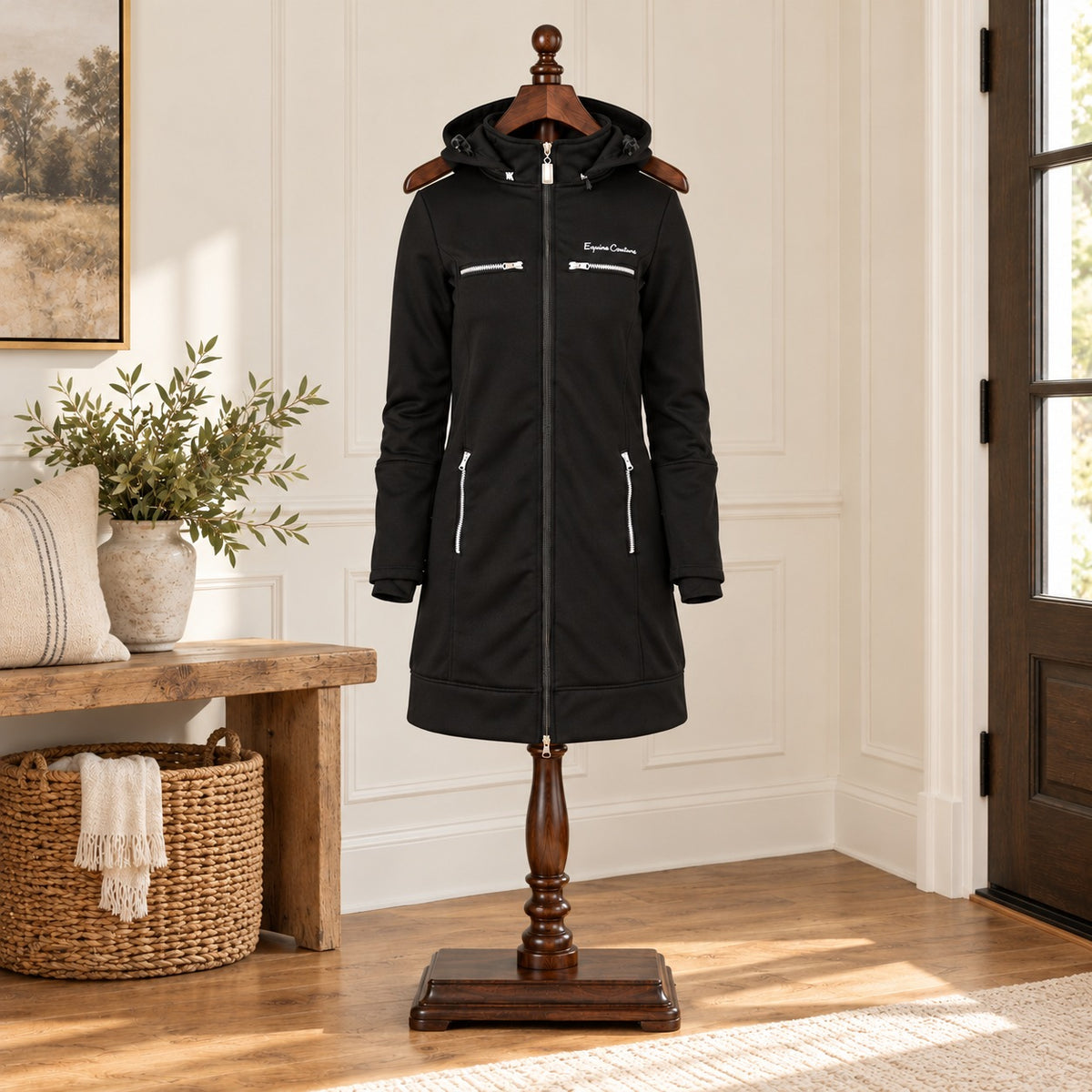 Black long hooded riding coat with silver zip pockets, on a wooden valet stand in an entry hall