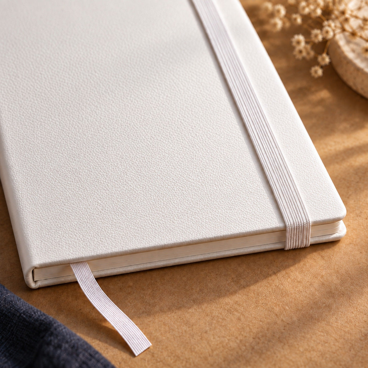 Close view of the notebook's white elastic closure band and ribbon marker against the pebbled white cover.