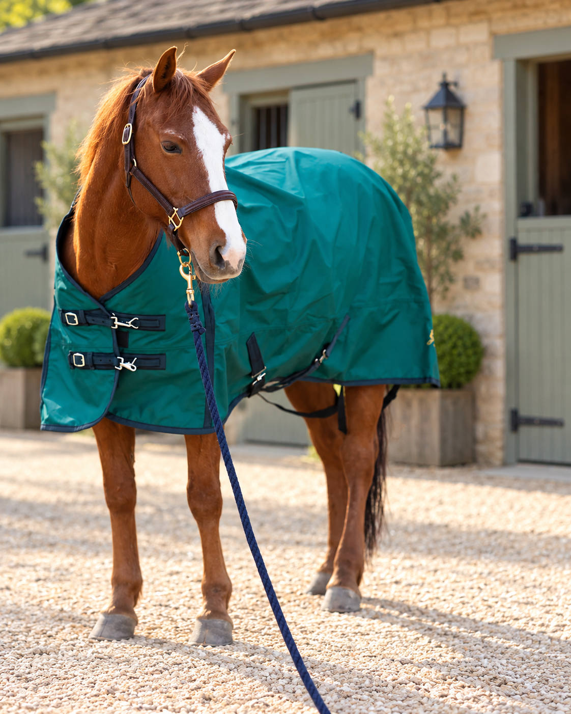 Chestnut horse wearing a hunter green waterproof turnout blanket with navy binding, two front buckle straps and a belly surcingle, standing on a gravel yard before a limestone stable with sage green doors