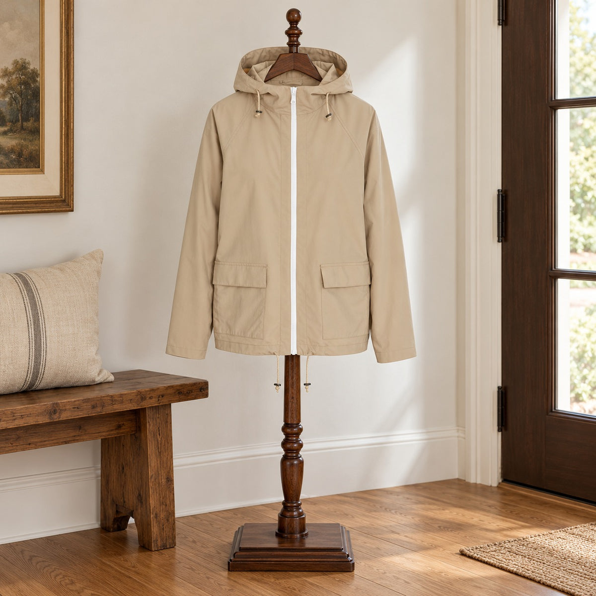 Sand hooded riding shell with a white zipper and flap pockets, on a wooden valet stand in an entry hall