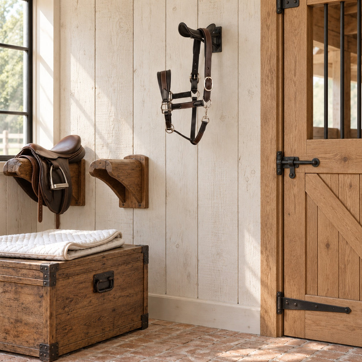 ExionPro Duo-Tone Halter in havana brown hanging on a bridle bracket in a tack room