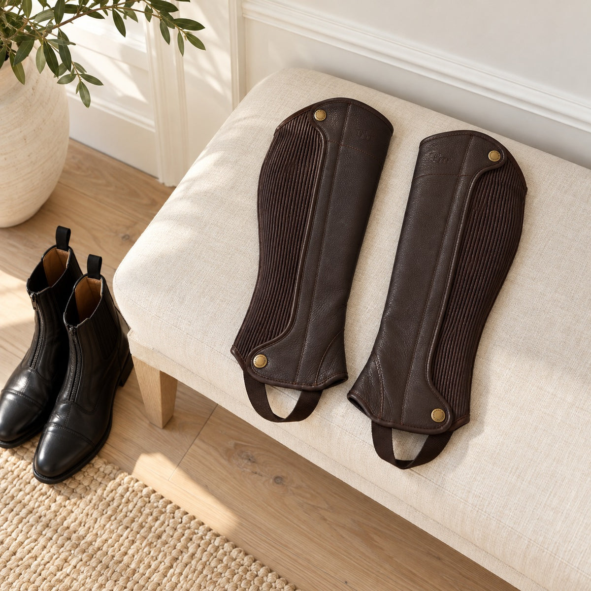 Grand Prix Elite Leather Half Chaps pair on a cream bench