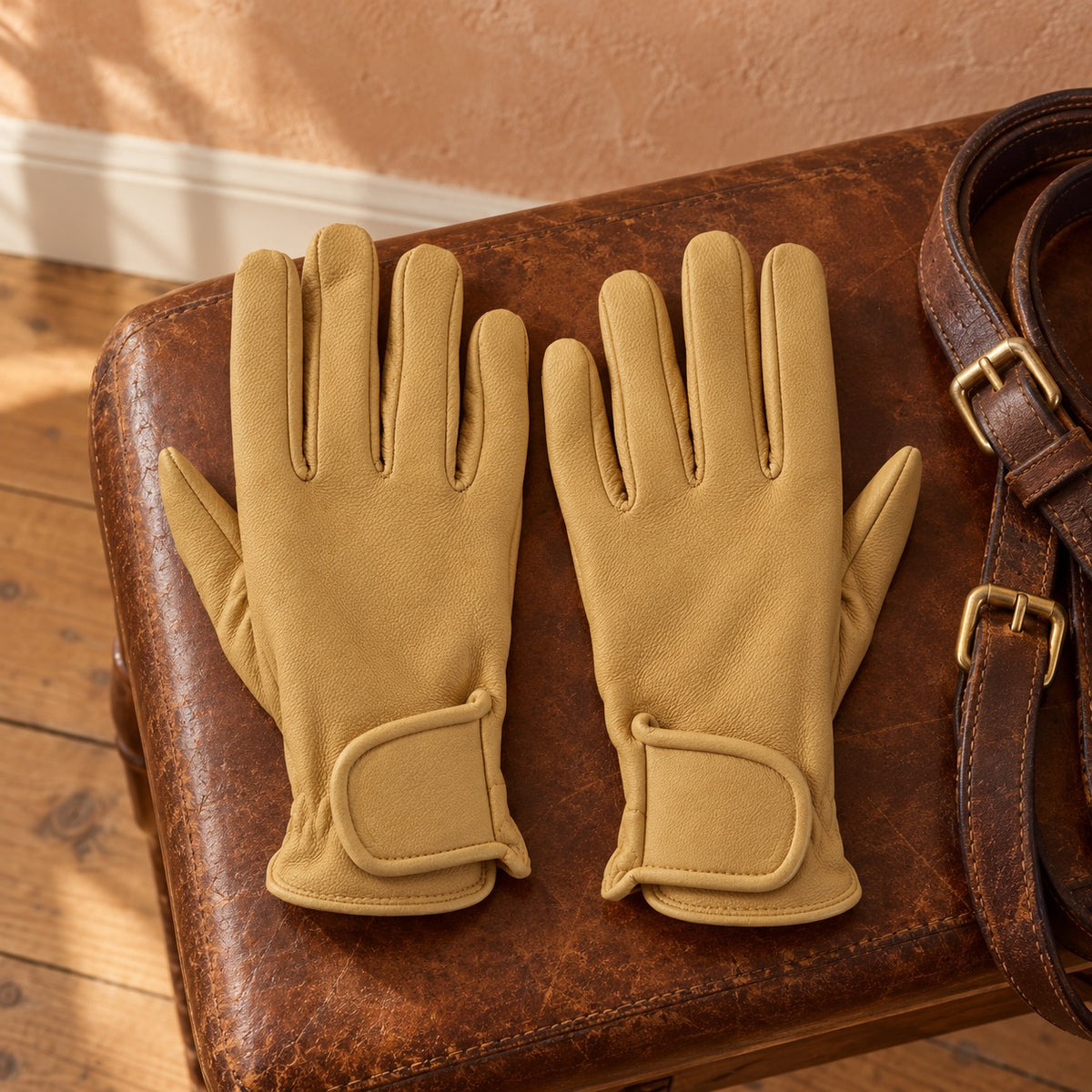 Alex Working Gloves pair in beige leather on a leather bench