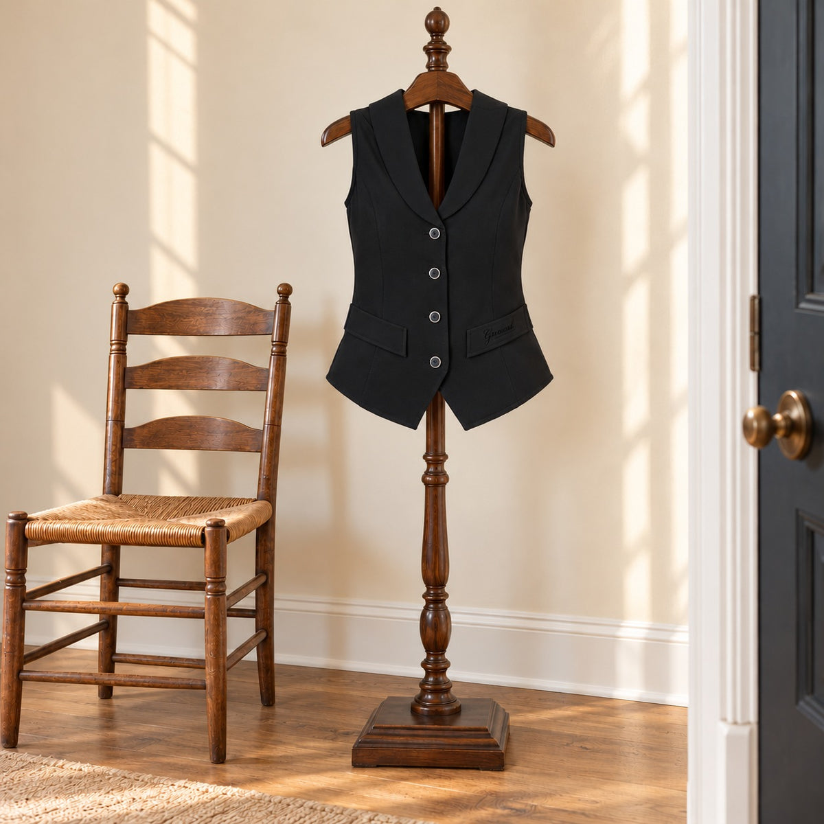 Black fitted riding vest with a shawl collar and silver buttons, on a wooden valet stand beside a ladder-back chair