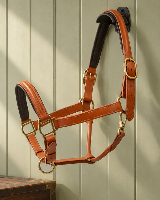 Grewal triple stitched tan leather halter hung on a black cast iron tack bracket against a sage panelled wall