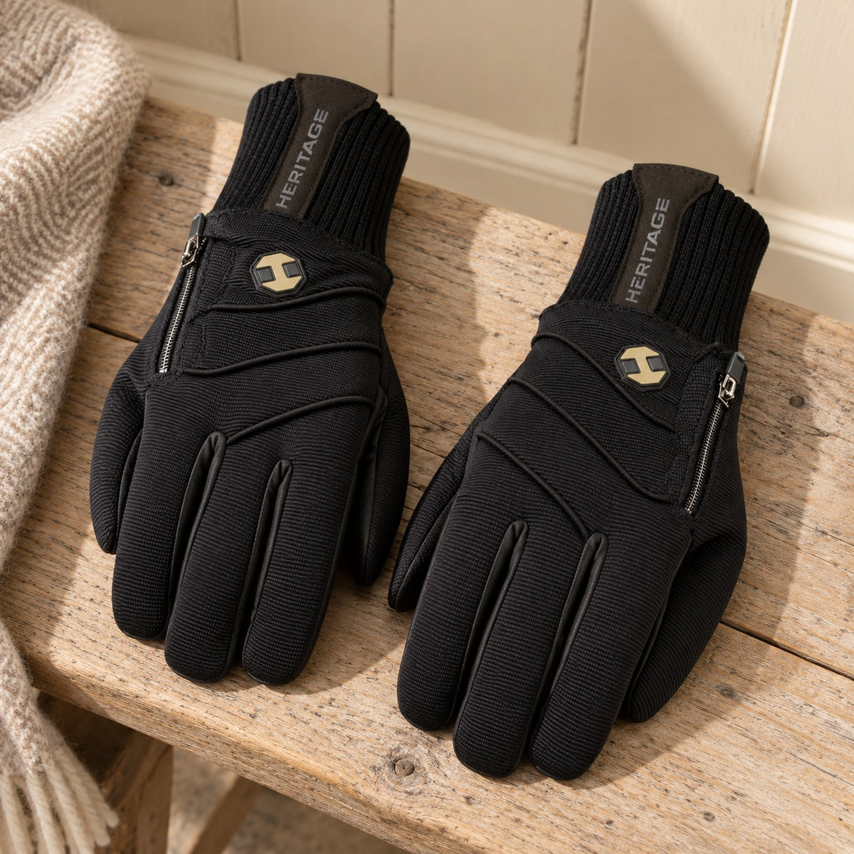 Heritage Extreme Winter Glove pair in black on a wooden bench