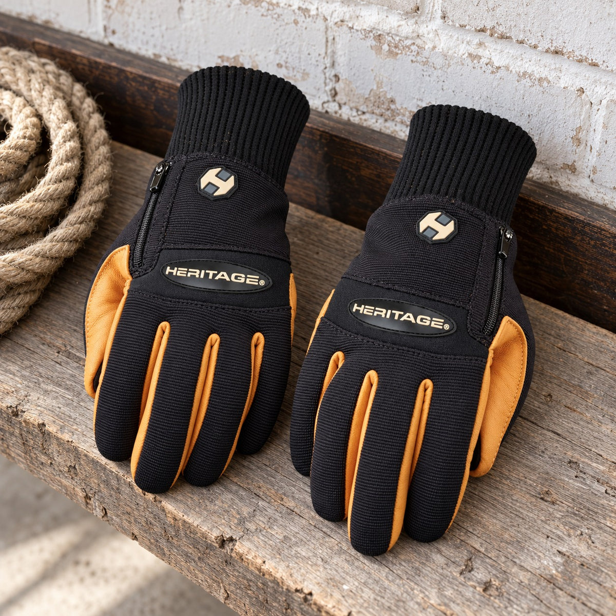 Heritage Winter Work Glove pair in black and tan on a barn wood shelf