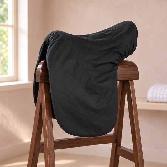 Plain black Lettia dressage saddle cover with a gathered elastic edge, fitted over a dressage saddle on a walnut saddle stand in a light tack room
