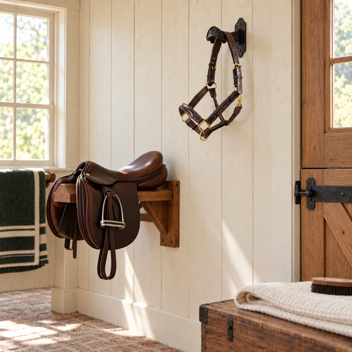 Oakmont Leather Halter hanging on a bridle bracket in a tack room