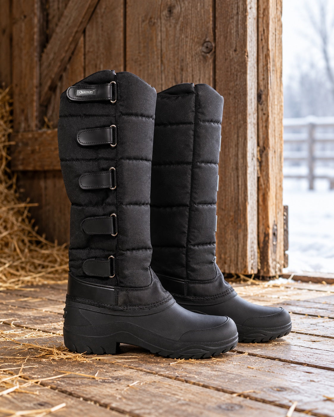 Pair of black Ovation Blizzard Extreme quilted winter riding boots in a barn doorway with snow outside