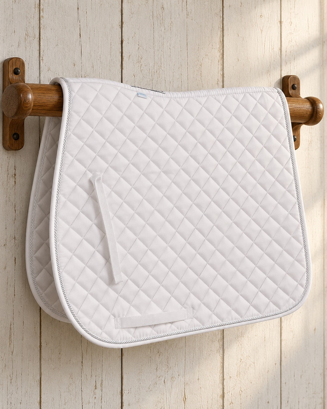 White quilted Ovation Coolmax diamond all-purpose saddle pad folded over a wall-mounted oak rack