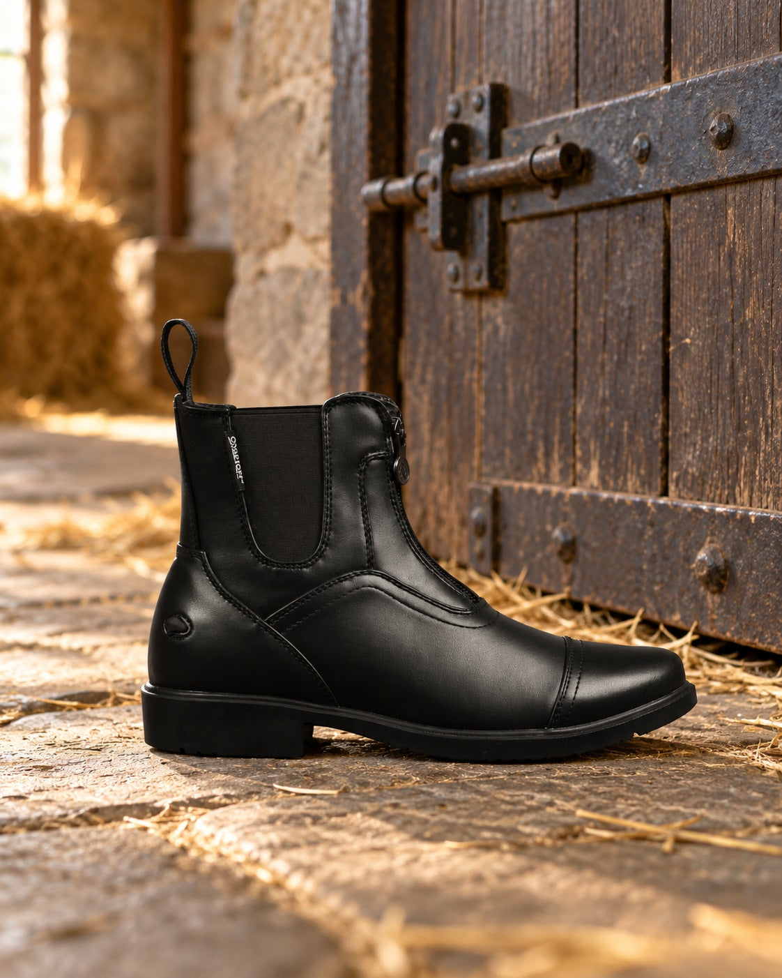 Energy front zip paddock boot in a stone barn aisle beside a wooden stall door