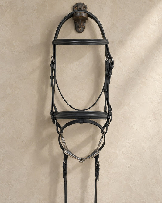 Black Ovation Juliana traditional flash dressage bridle with loose ring bit and reins on a cast iron bridle bracket