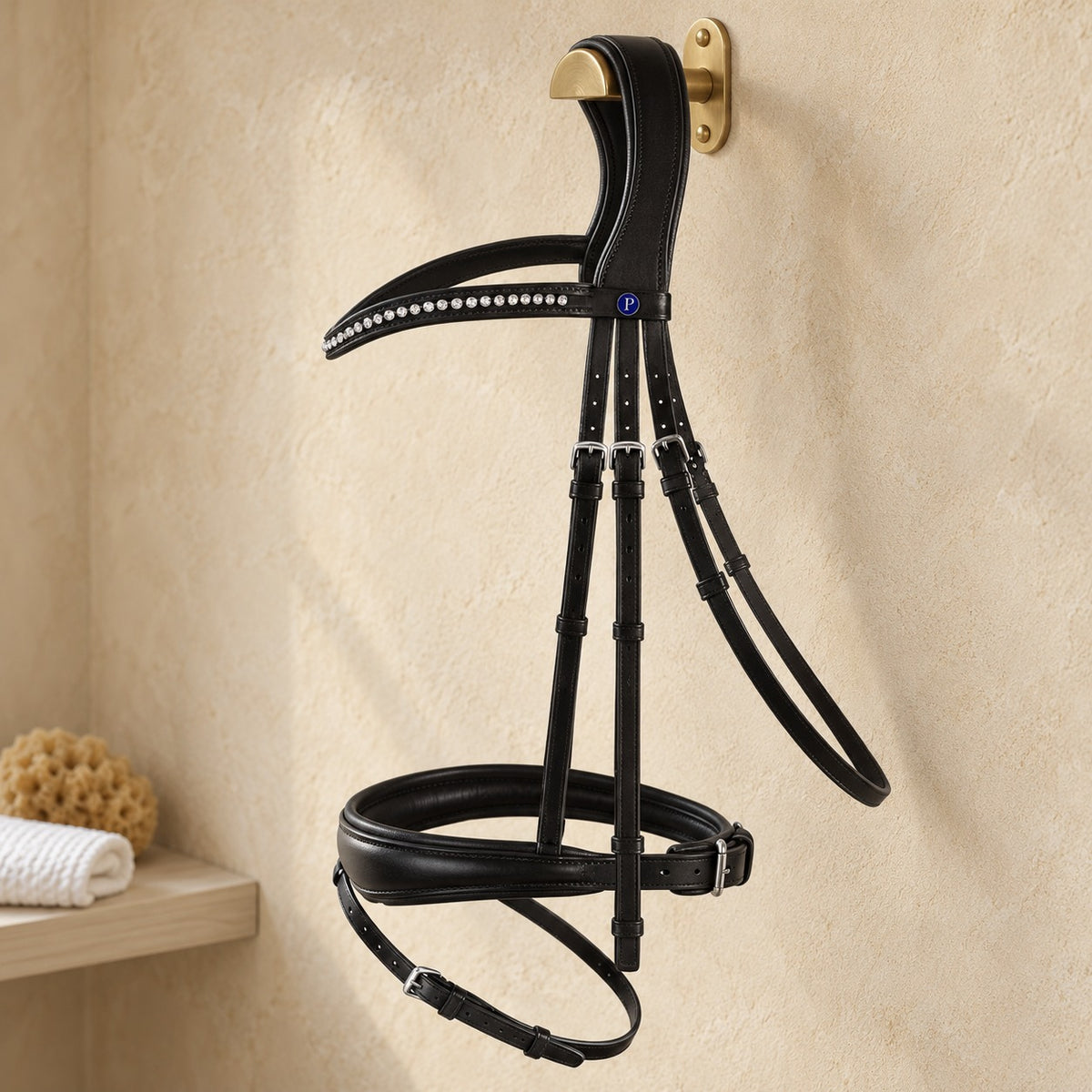 Passier Blu Spirit snaffle bridle in black leather with a crystal browband and blue P badge, hanging from a brass bridle hook on a warm sandstone plaster tack room wall
