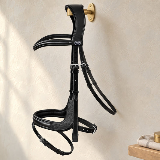 Passier Marcus Ehning II snaffle bridle in black leather with a double browband and pebble-grain noseband panel, hanging from a brass bridle hook on a pale stone stucco tack room wall
