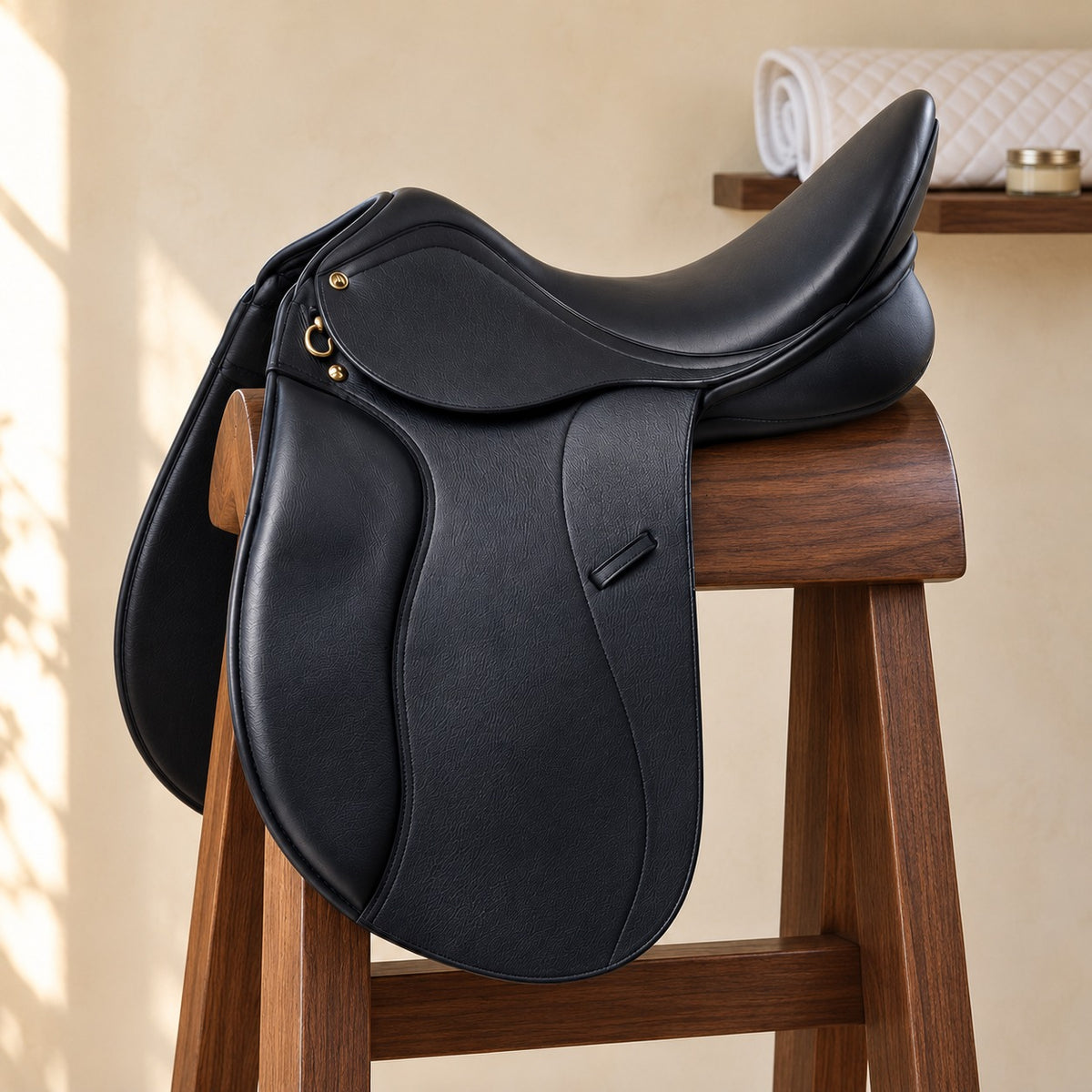 Salinero II black leather dressage saddle with a deep seat, high cantle, long straight flap and brass dee, on a walnut saddle stand in a cream plaster tack room
