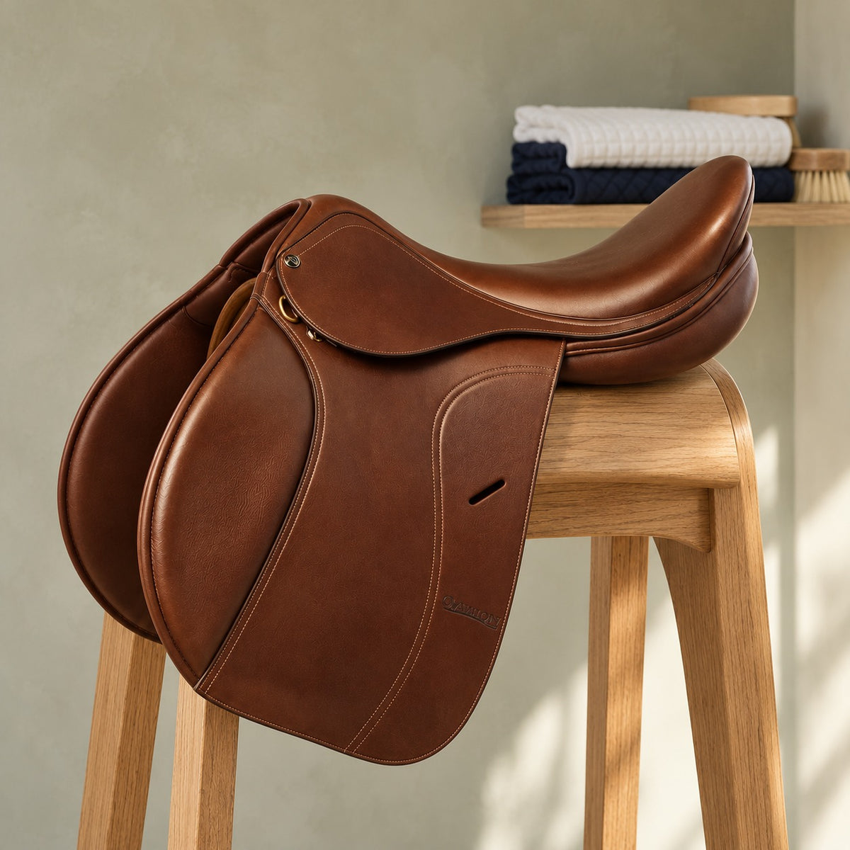 San Telmo II close contact saddle in smooth oakbark leather with a brass dee and slot keeper, on a light oak saddle stand in a sage-grey plaster tack room
