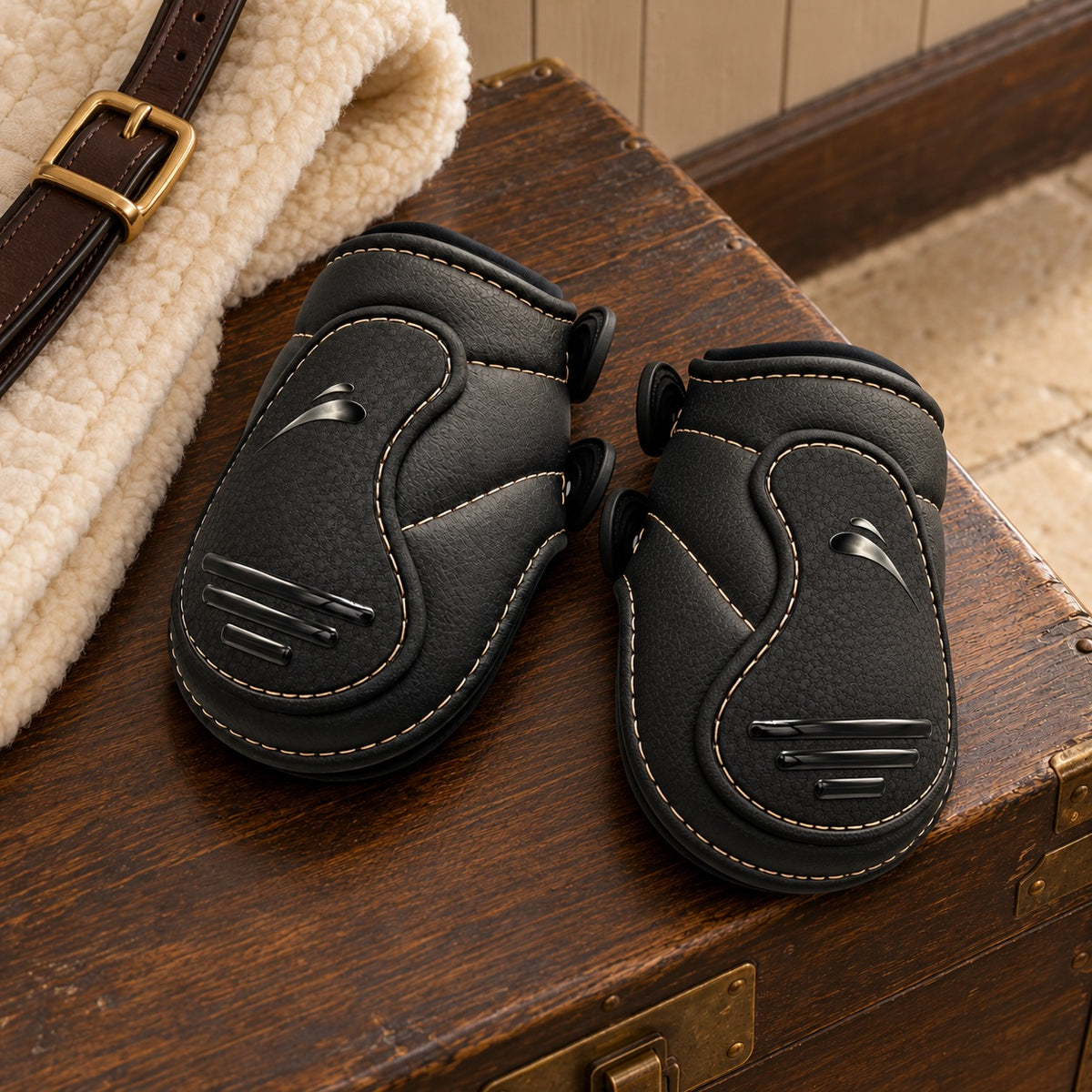 eQuick Glam Rear Boot pair in black lying on a tack trunk