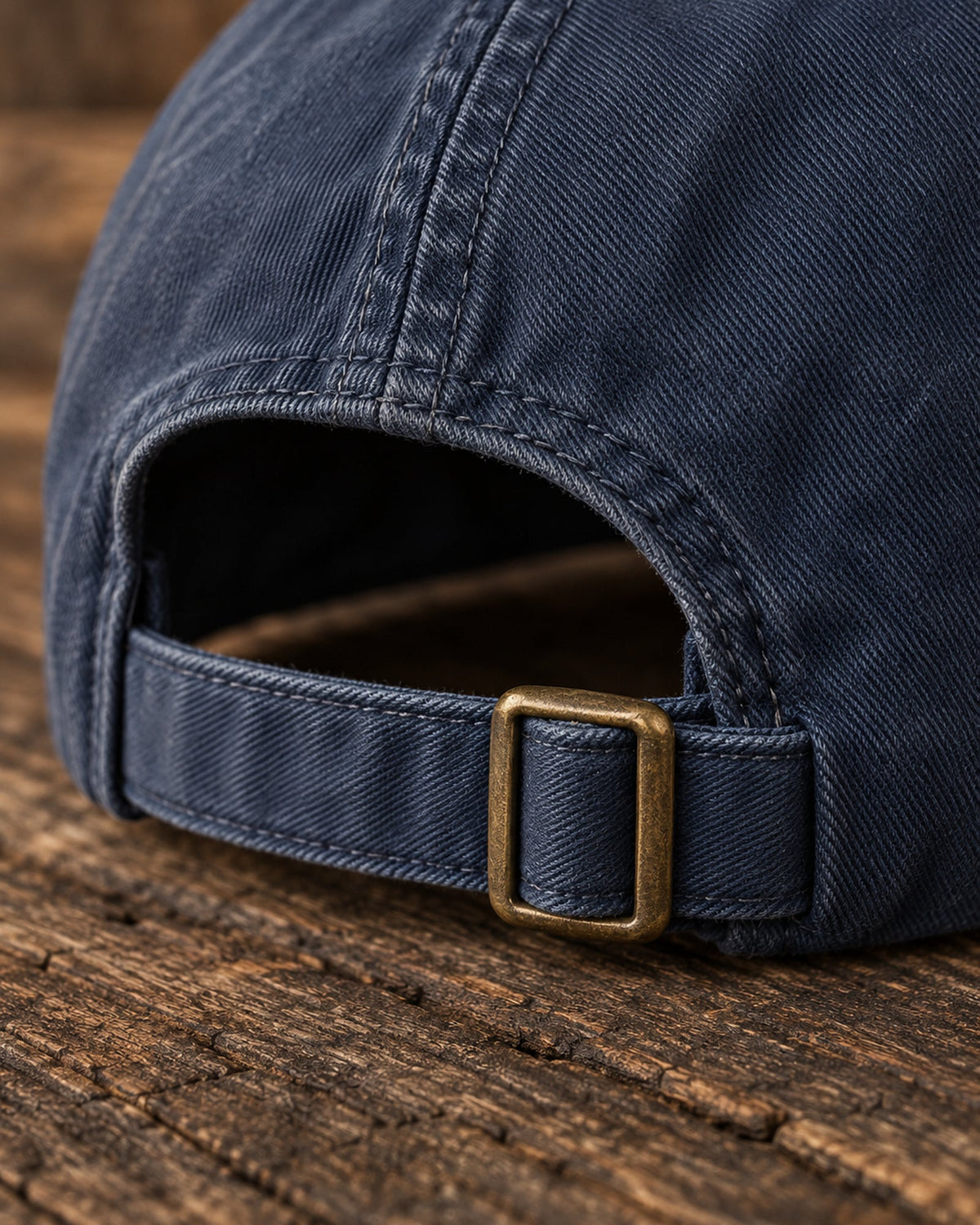 Close view of the Canter & Crest Signature Crest Cotton Cap closure, a matching fabric strap fastened at an antique brass buckle