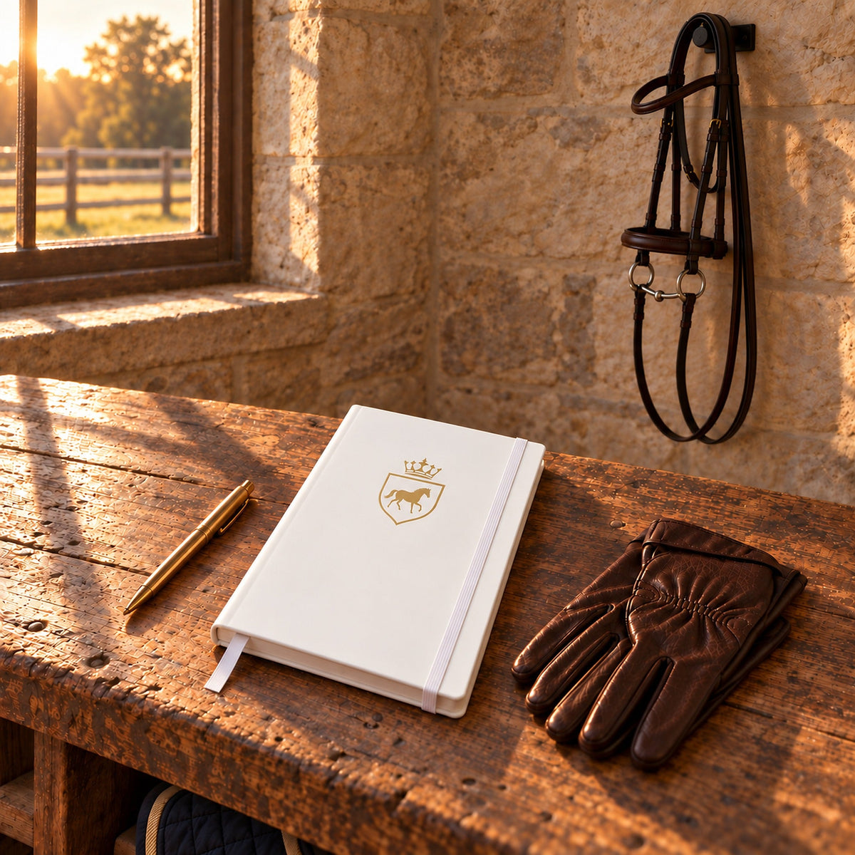 Signature Crest Hardcover Notebook on a tack room bench beside leather gloves and a gold pen, with a bridle hanging on the stone wall.