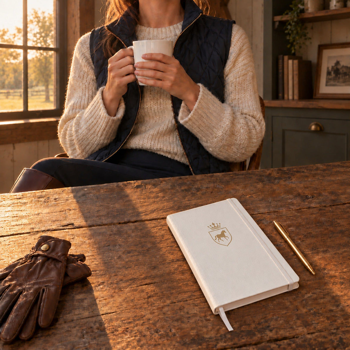 A rider seated at a wooden table with a mug of coffee, the Signature Crest Hardcover Notebook closed on the table beside leather gloves.