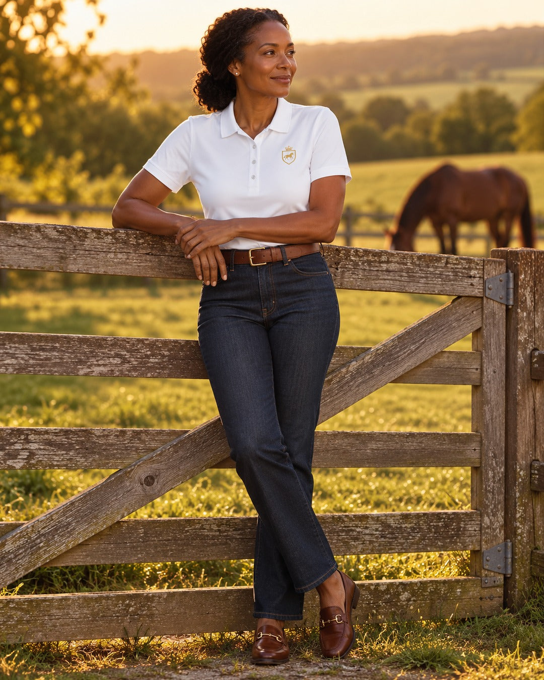 Women's white polo shirt with gold embroidered Signature crest, styled with dark jeans at a paddock gate