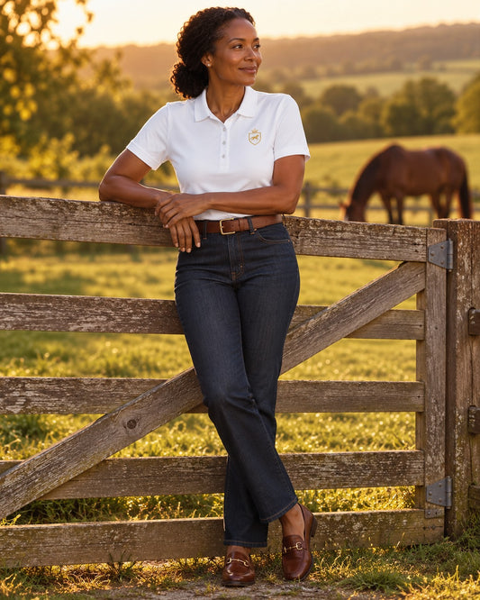 AI-generated image. Women's white polo shirt with gold embroidered Signature crest, styled with dark jeans at a paddock gate