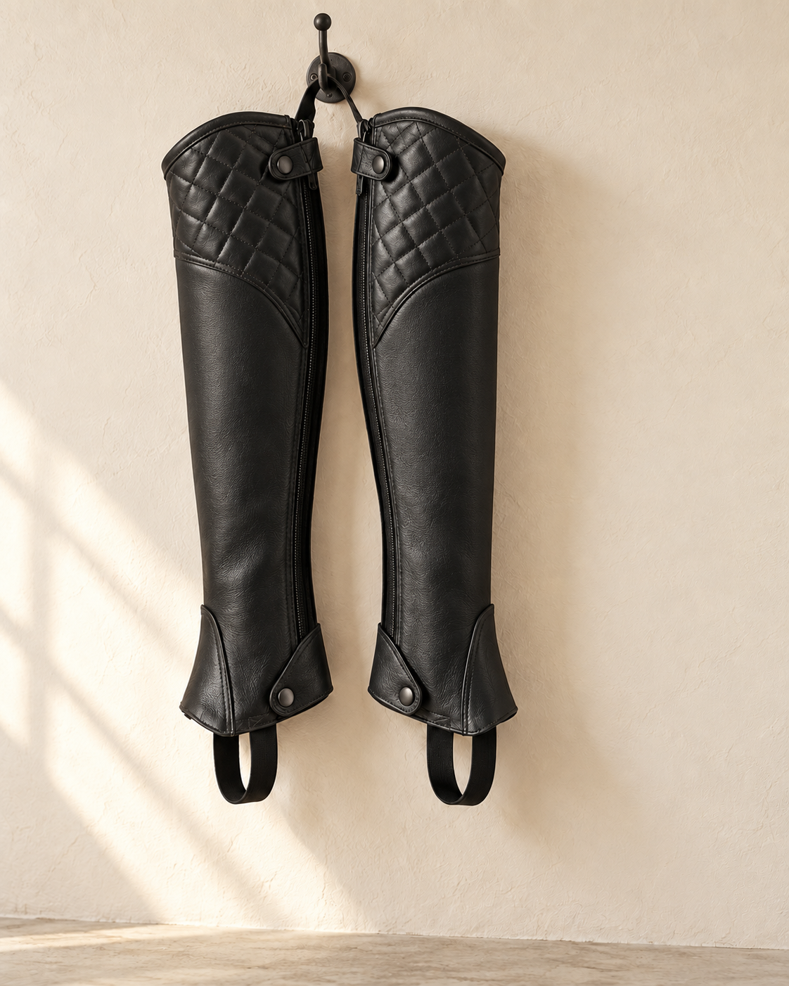 Pair of Hayden black leather half chaps hanging from an iron hook on a cream plaster wall, showing the quilted top panels, full-length zips and elastic instep straps