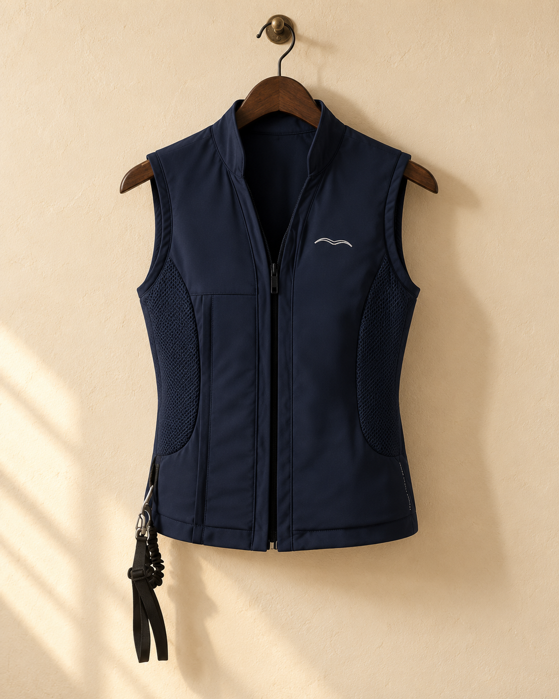 Navy air vest on a wooden hanger against a cream plaster wall, showing the stand collar, full-length front zip, mesh side panels and the safety lanyard at the lower edge