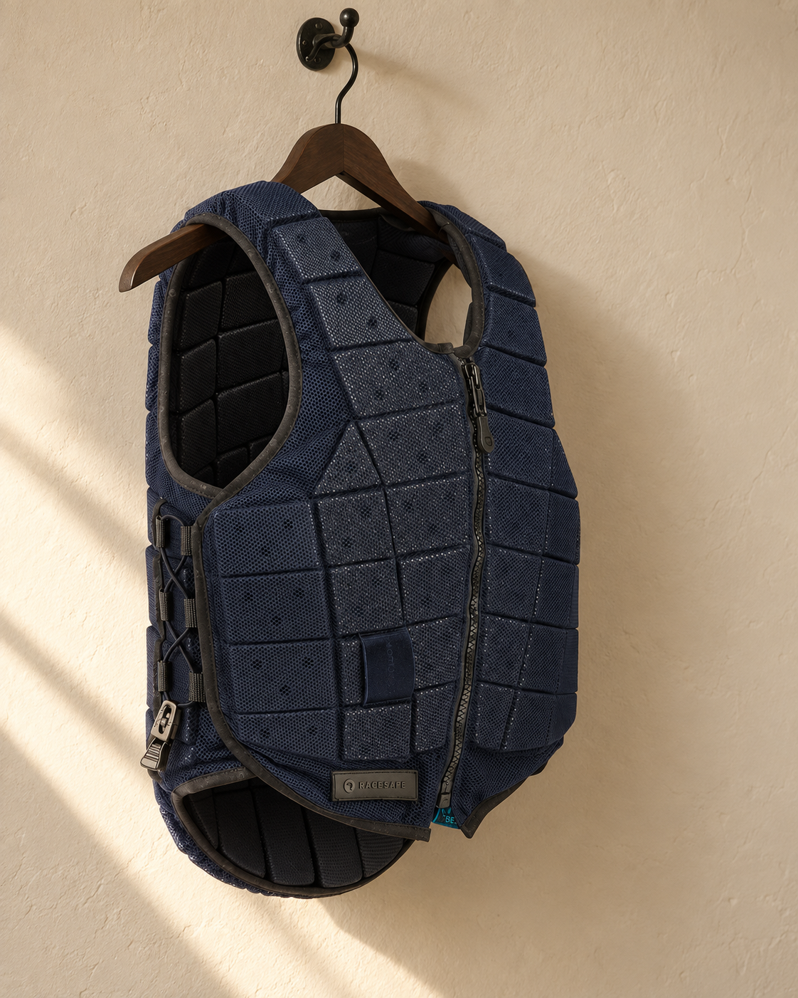 Navy body protector on a wooden hanger against a cream plaster wall, showing the segmented foam panels, full front zip and side lacing