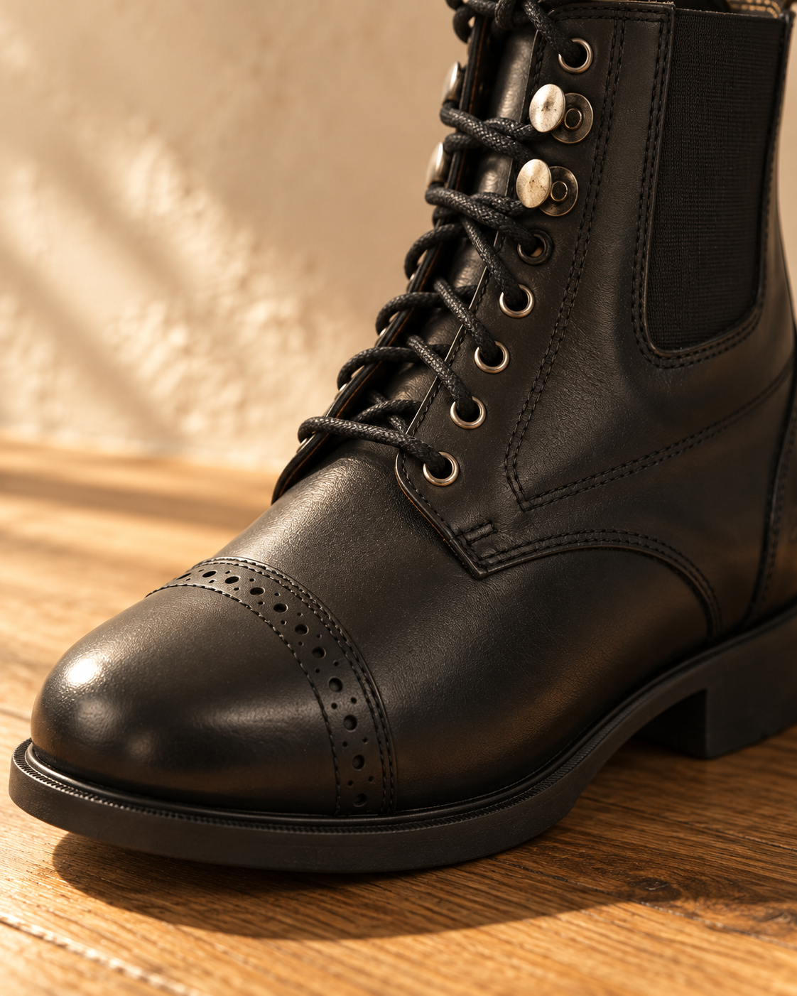 Close view of a black leather paddock boot, punched brogue cap toe, round eyelets, silver hooks and a black elastic side gore