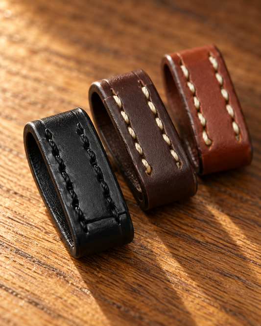 Three leather bridle keepers on an oak surface in black, dark brown and chestnut, each with a row of contrast saddle stitching
