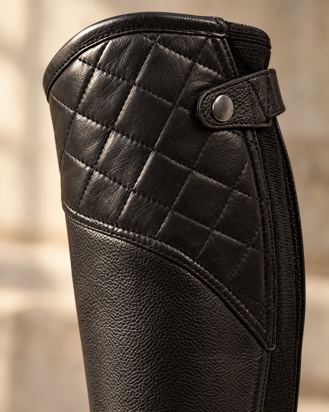 Close view of a Hayden half chap: quilted leather top panel, antiqued snap strap, grained black leather below the curved seam, and the elastic back gusset