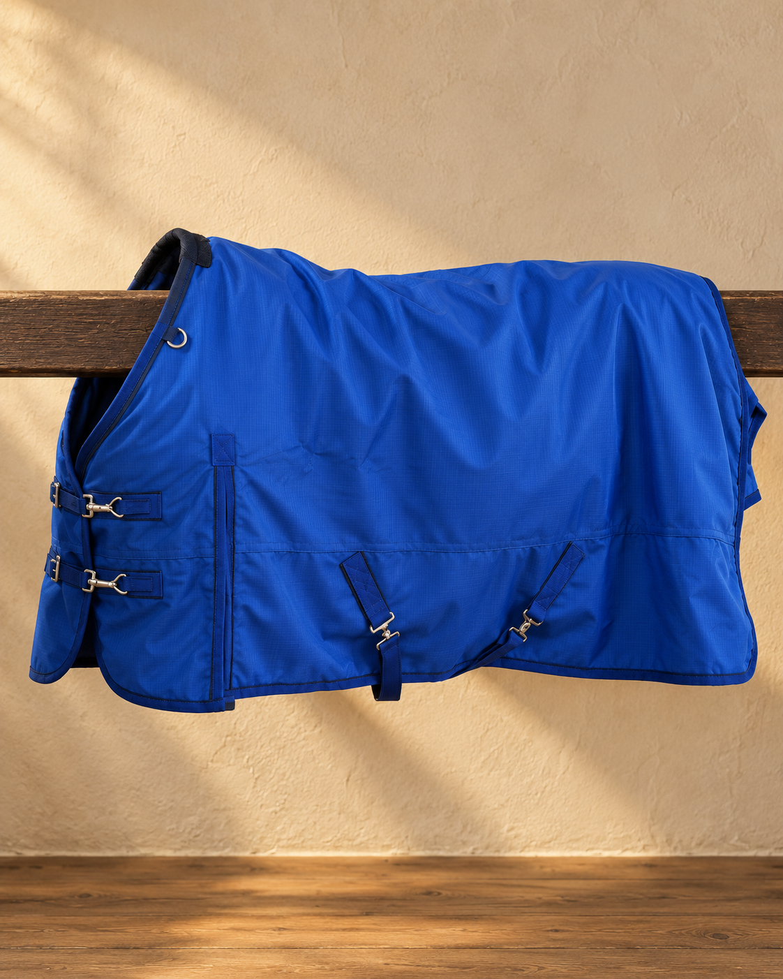 Royal blue ripstop turnout blanket folded over a wooden rail against a cream plaster wall, showing the double front buckle closure