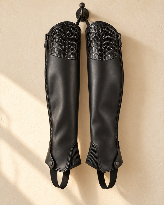 A pair of black Madison half chaps hanging from an iron hook on a cream plaster wall, showing the embossed top panel, the full-length outside zip and the elastic stirrup strap