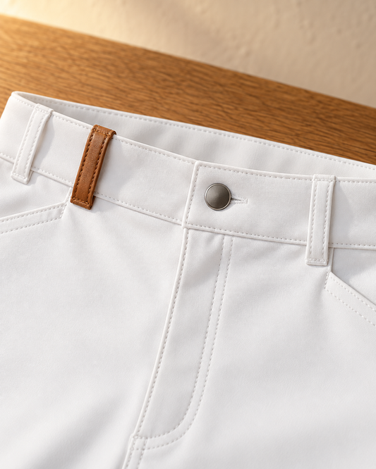 Close view of the waistband of white men's riding breeches folded on oak, showing the single tan leather belt loop, the metal shank button and the five-pocket cut