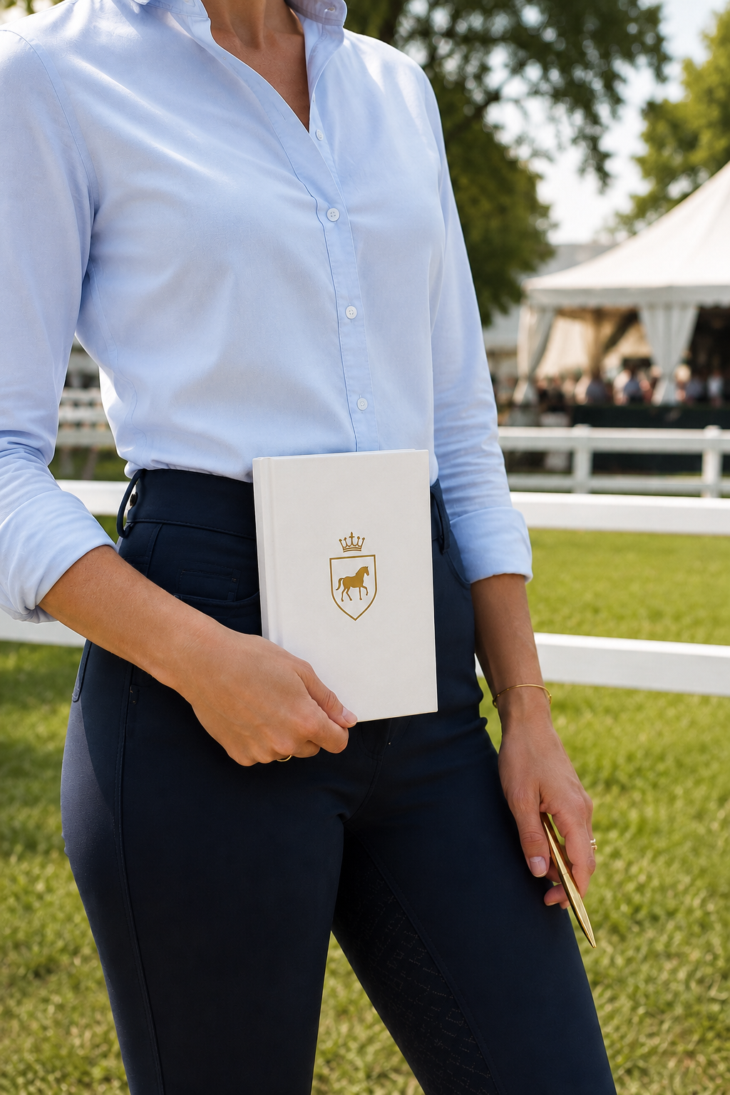 Rider in a blue shirt and navy breeches holding the white crest journal and a gold pen at a show