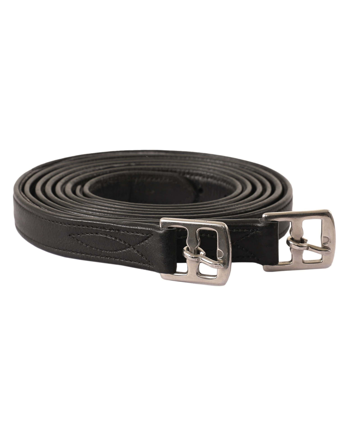 Pair of black stirrup leathers coiled on white, with metal buckles and decorative stitching
