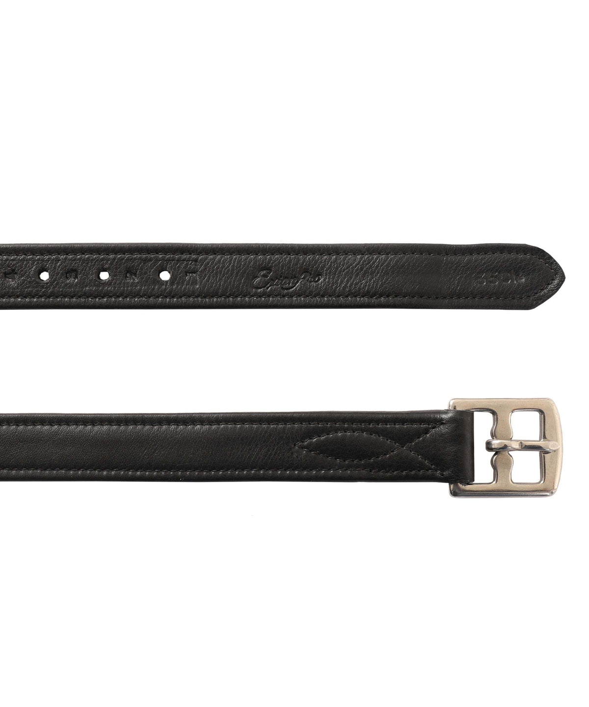 Close-up of a black stirrup leather tip with punched holes and the buckle end with stitched detail